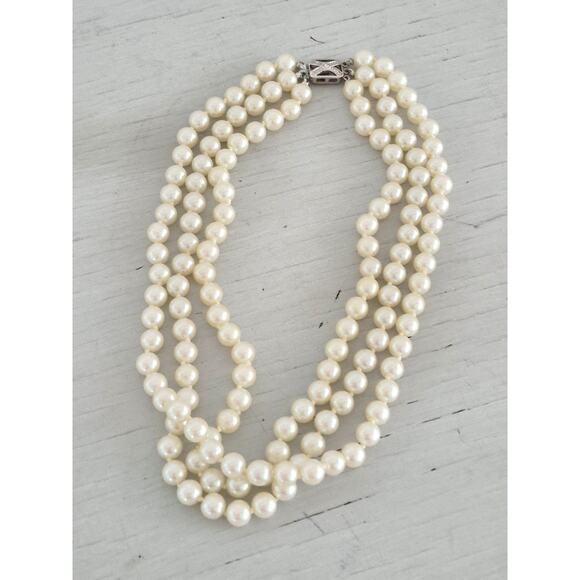 Vintage Triple Strand Faux Pearl with Box Clasp Necklace - Picture 1 of 6